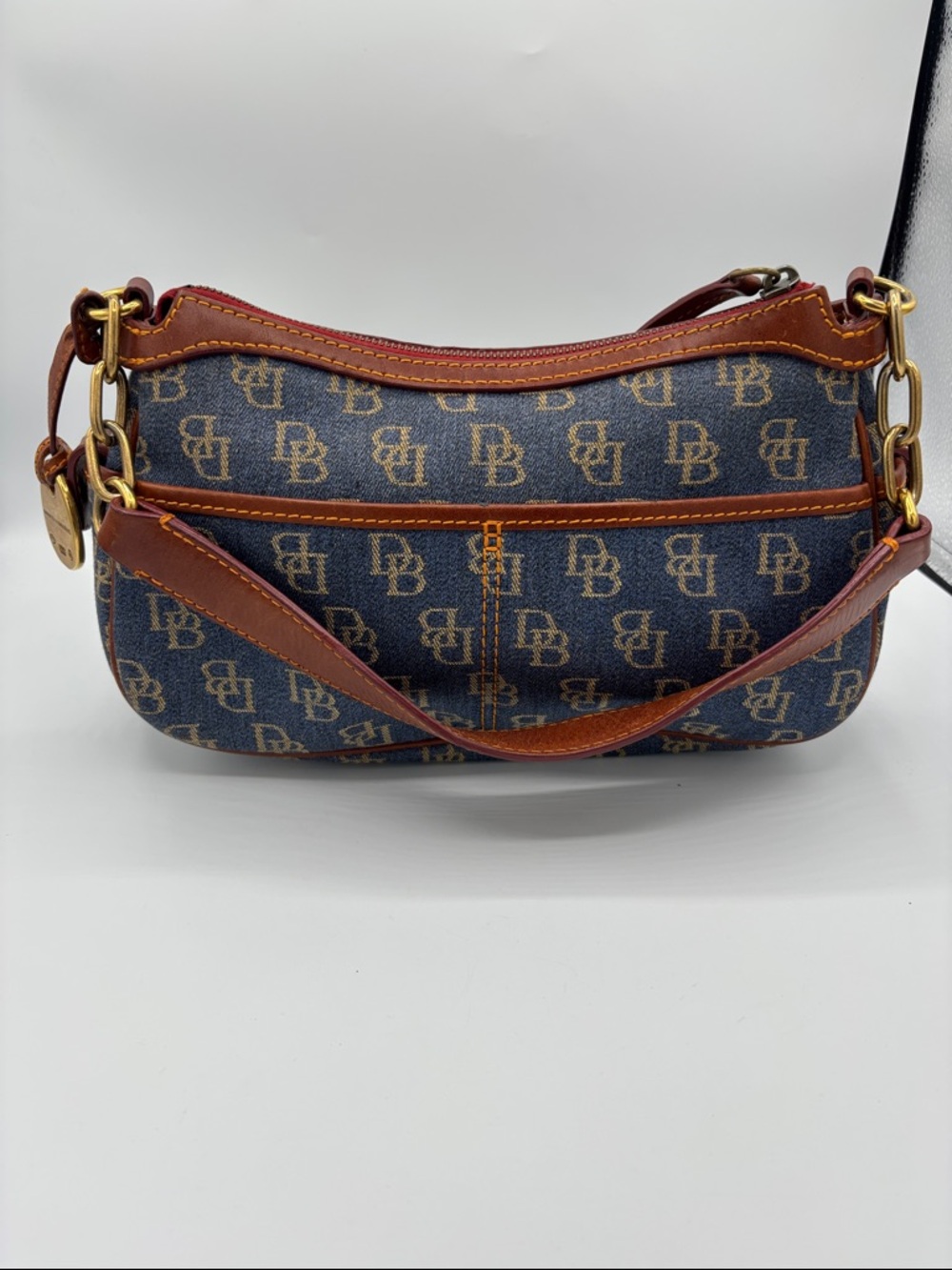 Vintage Dooney & Bourke Blue Logo Denim Banana Bag Brown Leather Trim - Picture 8 of 16